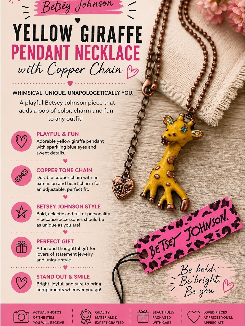 Betsey Johnson Yellow Giraffe Pendant Necklace with Copper Chain